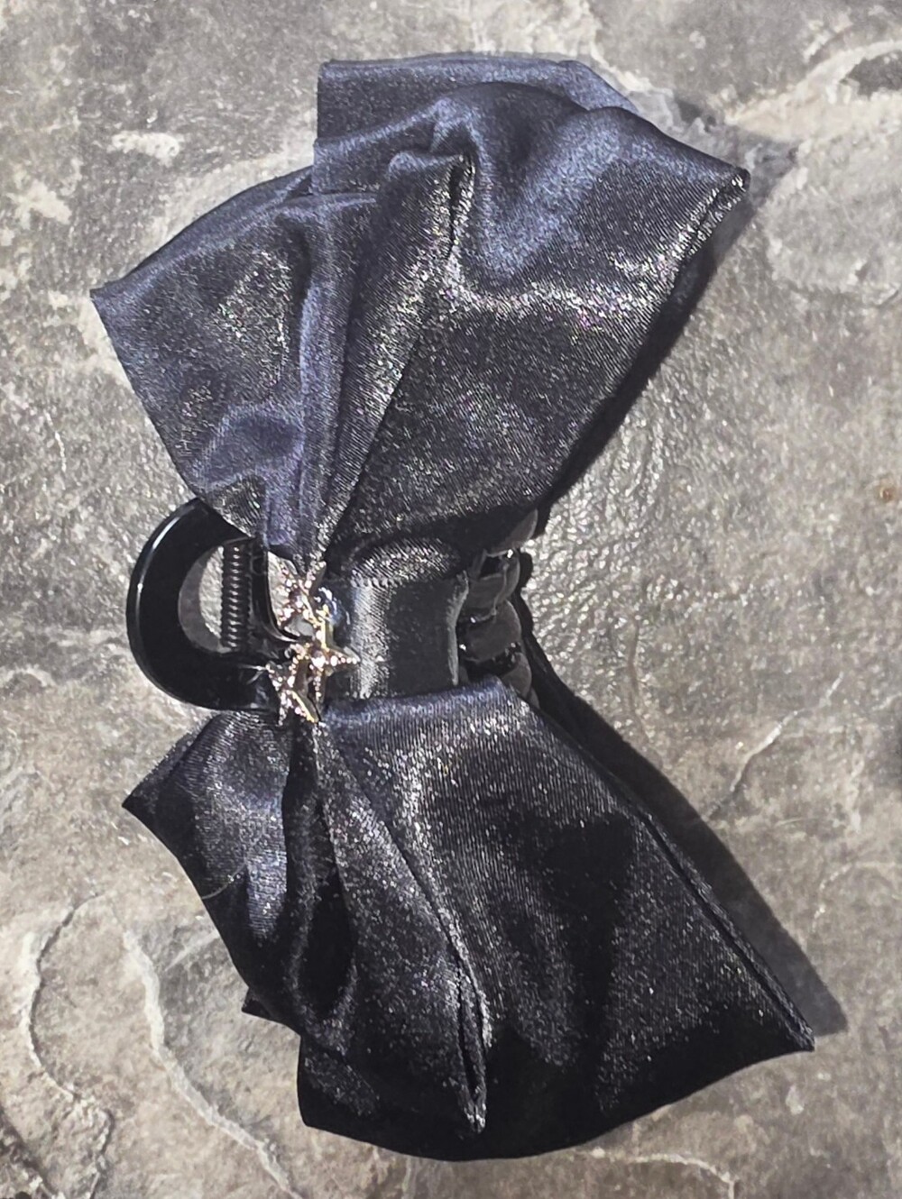 Large Black Satin Bow Hair Claw with Rhinestone Star Embellishments BNIB